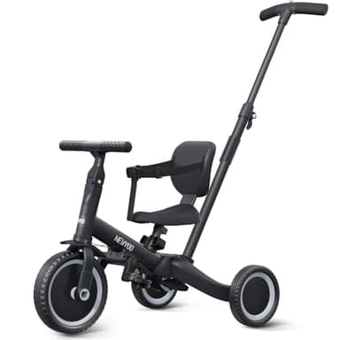 newyoo Tricycle Enfant - Tricycle évolutif & Draisienne pour Les Tout-Petits âgés de 1 à 3 Ans avec Barre de Direction, Pédales Amovibles, Canne Parentale Réglable et Amovible, Noir