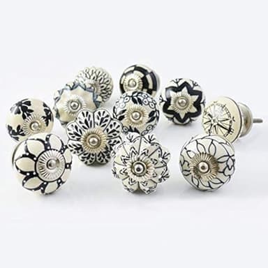 Knobsworld - Lot de 10 boutons en céramique pour poignées d'armoire de cuisine et tiroirs - Noir et blanc