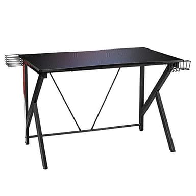 COSTWAY Bureau Gamer Bureau de Jeu pour Gaming Surface en Fibre de Carbone avec Stockage Vidéo, Porte-Gobelet et Crochet pour Casque Structure en Forme de K