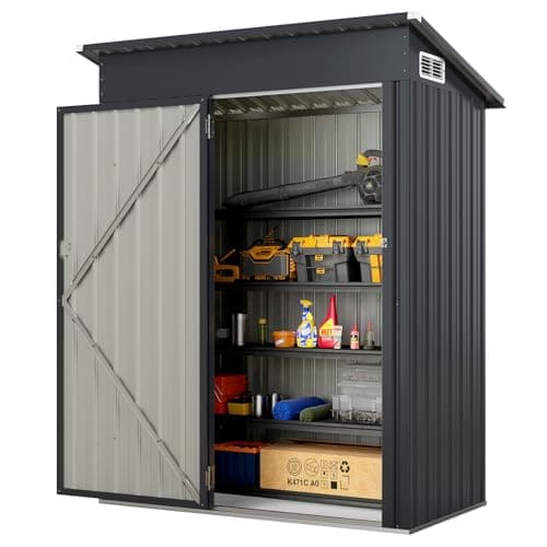 RELAX4LIFE Abri de Jardin en Acier Galvanisé 150 x 88 x 185 cm, Cabane de Rangement avec Porte et Toit Incliné, Abri pour Outils avec Structure Résistante 2 Paires de Gants pour Poubelles Extérieur