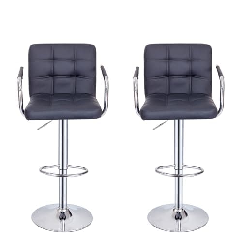 Lot de 2 Tabourets de Bar, Chaises Haut, Hauteur Réglable, Revêtement en PU, Rotatif sur 360°, avec Accoudoirs, Dossier et Repose-Pieds, Pied Chromé (Noir)