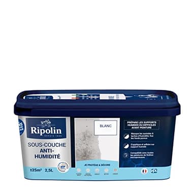 RIPOLIN - Sous-Couche Anti-Humidité Intérieur - Supports Humides ou Difficiles - Fixe les Fonds Poreux - Haute Protection - Masque les Auréoles & Taches d'Humidité - Mat - 2,5L - Blanc