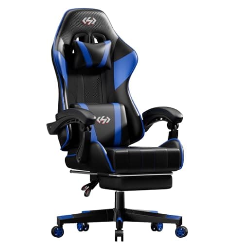 HLFURNIEU Chaise Gaming Ergonomique, Fauteuil Gaming avec Coussin à Ressorts Ensachés, Fauteuil Gamer avec Repose-Pied et Support Lombaire, Chaise Gamer Réglable en Hauteur, Siège Gamer Noir et Bleu