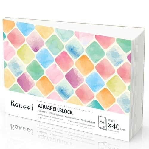 Koncci Papier Aquarelle - A4 (21x29.7cm) - 40 Feuilles Blanc naturel pressé à froid et sans acide Papier Aquarelle 300g - Carnet Aquarelle pour aquarelle, gouache et autres techniques mixtes