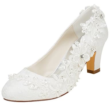 Emily Bridal Chaussures de mariée Femmes Soie comme du Satin Talon bottier Escarpins avec Couture Dentelle Une Fleur Cristal Pearl (EU40, Blanc cassé)