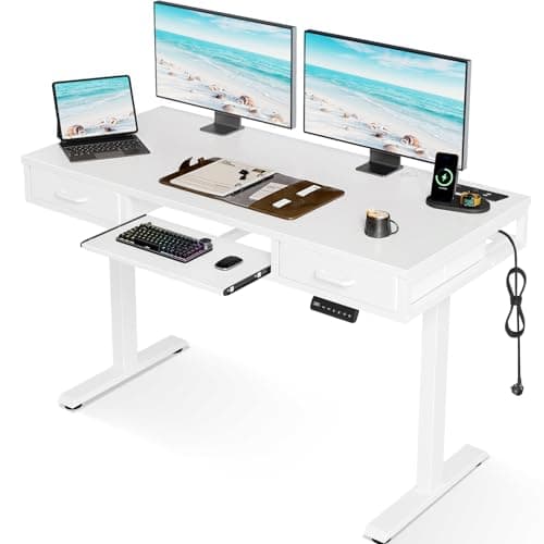 OffiGo Bureau Assis Debout avec tiroirs, 120 cm Bureau Réglable électrique avec Tablette pour Clavier，Standing Desk, Blanc