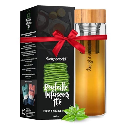Bouteille Infuseur à Thé 500ml Bouteille Isotherme, Filtre Inox, Thermos Café en Verre Double Paroi, Infusion à Thé Froid & Chaud et aux Fruits, Couvercle Bambou, Idée Cadeau pour l'Hiver, Sans BPA