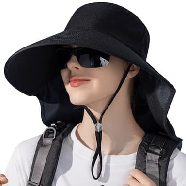 WANYI Chapeau de Soleil Femmes Anti UV Chapeau d'été avec Trou pour Queue de Cheval 12cm à Large Bord Safari Casquette pour Randonnée, Voyage, Pêche, Camping 55-60CM（Noir）