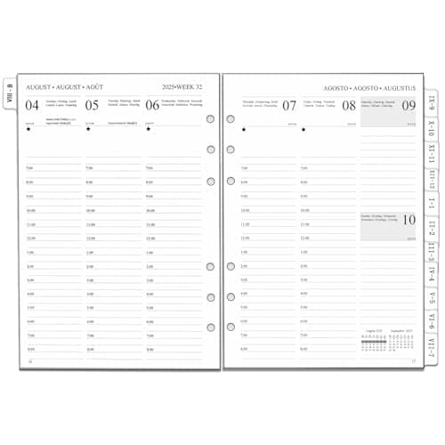 Recharge pour Agenda Semainier 2025 2026 Format A5 Vertical - Planificateur Hebdomadaire et Mensuel avec Onglets, Note, Contacts, Fériés, Août 25 à Juillet 26, Organiseur en Multilingue