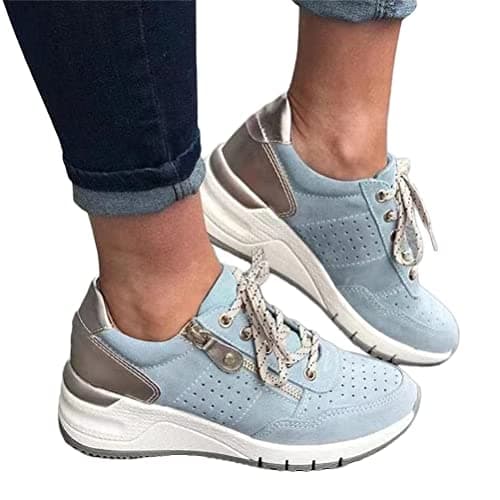 ORANDESIGNE Basket à Talon Compensé Plateforme pour Femme Chaussure de Sport Femme Sneakers Confortable Basket à Lacets Respirante A Bleu Clair 37 EU