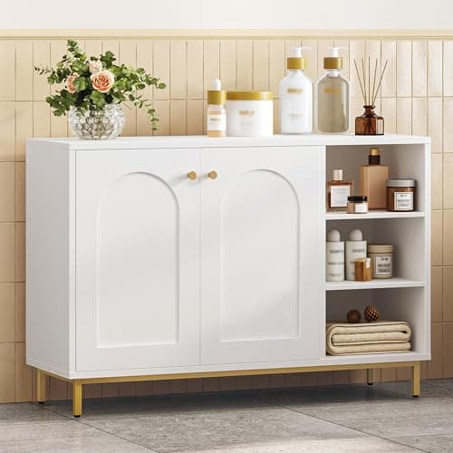Hzuaneri Meuble de Salle de Bain, Meuble de Rangement, Armoire Salle de Bain, Placard Rangement avec 2 Portes, avec Compartiment Ouvert, Meuble Bas Rangement, Salle de Bains, Le Salon, Blanc SC10203G