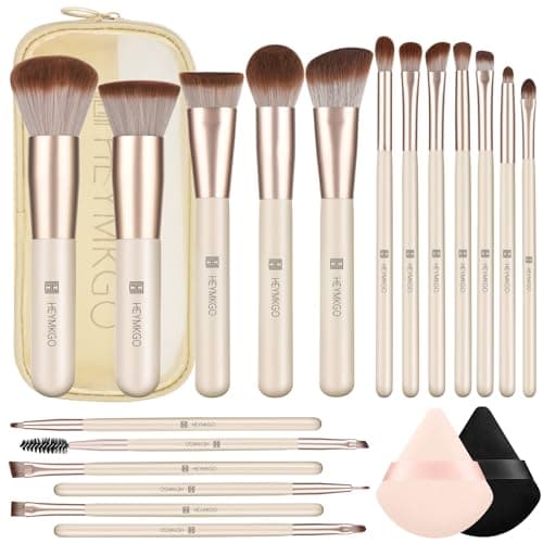 HEYMKGO Lot de 18 pinceaux de maquillage professionnels avec 2 houppettes à poudre et sac de voyage pour fond de teint, poudre, blush, fard à paupières, pinceaux de maquillage et outils de maquillage