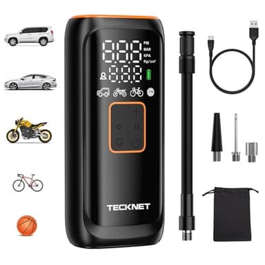 TECKNET Gonfleur Pneus Voiture Sans Fil, 6000mAh Mini Compresseur à Air Portatif 150PSI avec éCran LCD Numérique, Lumière LED, 5 Modes de Gonflage pour Voiture/VéLo/Moto/Balle