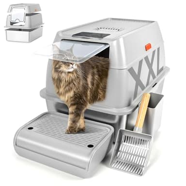 Kalolary Bac a Litière pour Chat en Acier Inoxydable avec Couvercle, Fermé Bac Litière pour Chat XXL, Maison de Toilette, Rebords Amovibles, Nettoyage Facile (Gris)