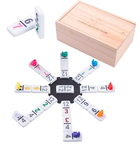 Engelhart - 250180 - Coffret Domino Mexicain Train - Double 12 - Nombres - Premium - Jeu de Société - Jeux de Dominos Educatifs - 91 pièces Epais: 8 mm + 8 Trains - 2 à 8 Joueurs - +3 Ans