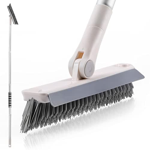 Brosse à joints avec long manche, brosse à récurer 2 en 1 avec raclette, nettoyeur de douche, brosse pivotante à poils rigides pour nettoyer les plinthes, le carrelage, le sol, la salle de bain et les