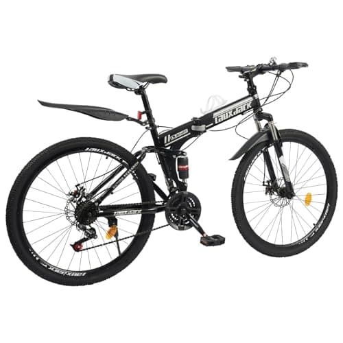 DGJMuu VTT avec frein à disque 26 ", suspension complète, 21 vitesses, cadre pliable en acier au carbone, noir et blanc, VTT