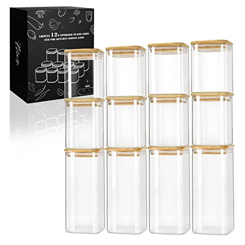 LIBWYS Lot de 12 bocaux de conservation carrés en verre avec couvercle en bambou, 2 tailles : 1000 ml/600 ml