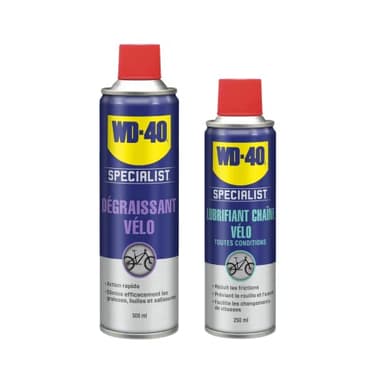 Kit Essentiel Entretien Chaîne Vélo WD-40 SPECIALIST, Dégraissant Vélo 500ml + Lubrifiant Chaine Vélo Toutes Conditions 250ml