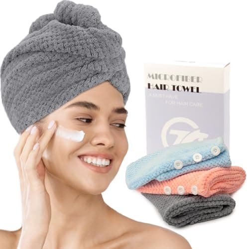 FREATECH 3 Pièces Serviette Microfibre Cheveux Texturé, Serviette Cheveux Sechage Rapide de Super Doux et Absorbant avec 3 Boutons, Serviette Seche Cheveux pour Femmes, Cheveux Épais Longs et Bouclés