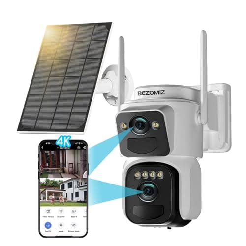 BEZOMIZ 4K Caméra Surveillance WiFi Extérieure à Double Objectif,8MP Détection Humaine avec Panneau Solaire,360° PTZ Caméra,Suivi Automatique,Vision Nocturne Couleur,Audio Bidirectionnel,2,4/5Ghz,IP66