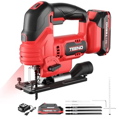 TEENO Scie Sauteuse Sans Fil pour Batterie Makita 20 V, 800-3000 SPM Scie Sauteuse Laser avec 5 lames, Inclinaison ± 45°, 6 vitesses, LED, coupe du bois,plastique,Métal (Deux batteries, 2.0 Ah)
