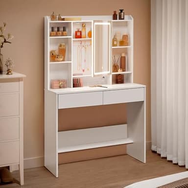 VASAGLE Coiffeuse avec Lumières LED, 3 Tonalités et Luminosité Réglable, Table de Maquillage Moderne avec Miroir, Étagères Réglables, 2 Tiroirs, Blanc Nuage RDT123T14