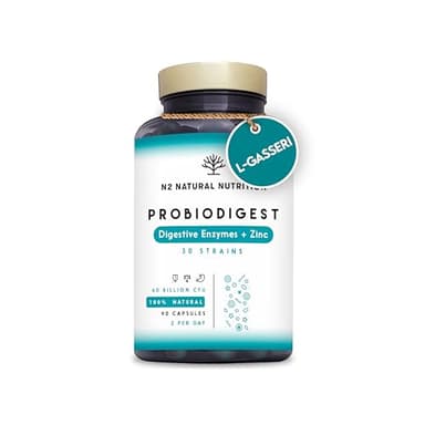 Probiotique Flore Intestinale + Enzymes Digestives + Zinc. 60 milliards de CFU 30 souches. Probiotiques et Prebiotiques Système immunitaire. 90 capsules .CE. N2 Natural Nutrition