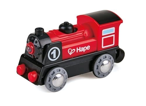 Hape Jouet Locomotive Électrique pour Circuit Train en Bois, Enfant 3 Ans et Plus - Jeu Éducatif Électrique Avance et Recule, Petite Lampe à l'avant - Roule avec ou sans Piles