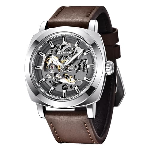BENYAR - Montre Automatique Homme Mécanique |Bracelet en Cuir | Mouvement Doré | Cadran Squelette de 45 mm | Résistant à l'eau et Aux Rayures Cadeau élégant