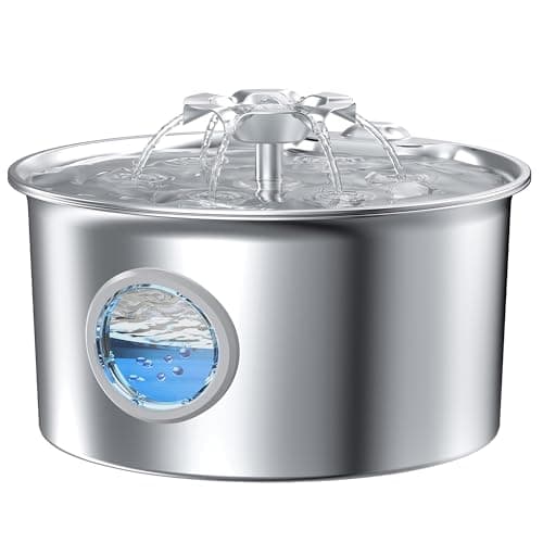 Fontaine a Eau Chat INOX: Fontaine à Eau pour Chat - 2,6L Distributeur Automatique - Distributeur Chien Acier Inoxydable - Cascade de Fleurs - avec Fenêtre de Niveau D’Eau - avec 1 Filtre+1 éponge