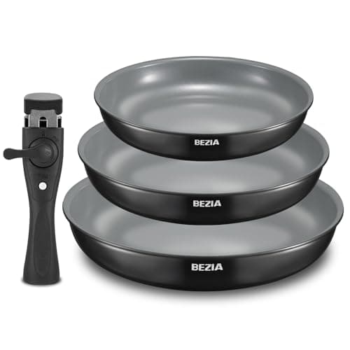BEZIA Lot de poêles avec poignée amovible - Avec revêtement en céramique - Pour tous les types de plaques de cuisson - 20 + 24 + 28 cm - Design empilable - Passe au lave-vaisselle et au four