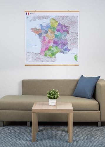 GeoMetro Carte administrative de la France en français de 100 x 100 cm, avec plastification sur les deux faces avec départements et baguettes en bois pour l'accrochage, Départements