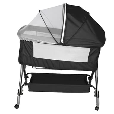 HUOLE Berceau avec Matelas,3 in 1 Berceau Cododo avec Matelas et Moustiquaire,Lits bébé Lit cododo 4 en 1 Berceau cododo bébé 4 Hauteurs Réglables,104 * 52 * 100-110 cm (4 Niveaux de Hauteur) - Noir