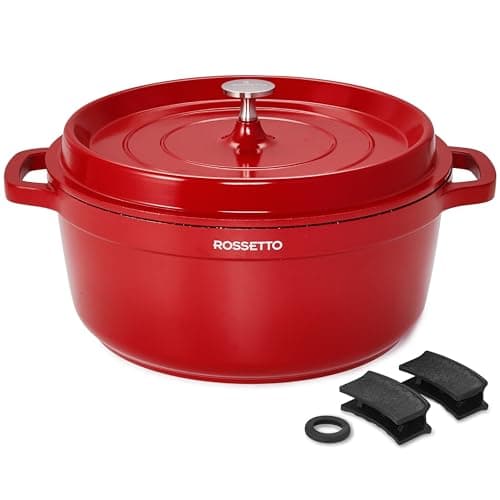 ROSSETTO 4,3L Cocotte ronde en fonte d’aluminium, revêtement antiadhérent en céramique. Couvercle avec picots saveurs. Compatible tous feux dont induction et au four jusqu’à 220° (24cm, Rouge)