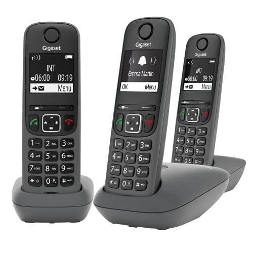 Gigaset A695 Trio - téléphone DECT sans Fil - 3 combinés avec Grand écran à Haut Contraste - Excellente qualité Audio - Fonction Mains Libres - Protection d'appels, Gris [Version française]