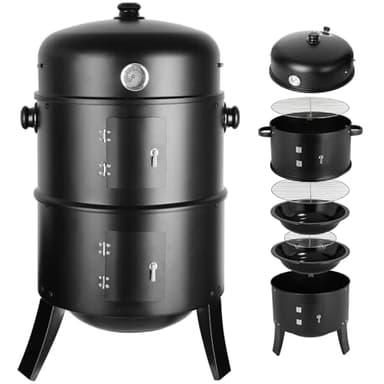 TLGREEN Fumoir 3 en 1, smoker fumoir, barbecue charbon de bois, Ø44,5x80cm,Avec évacuation d'air réglable et thermomètre, bac à eau, 2 grilles de cuisson (φ 37,5cm) - fumer, griller et cuire