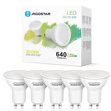 Aigostar Ampoule LED GU10 Blanc Chaud 3000K, 8W équivalent 88W, 640 lumens. Spot Culot GU10, Larges Faisceaux de 100-120º, IRC ≥ 80, Pack de 5 unités avec boîte