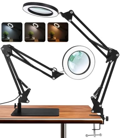 Toaren 2 en 1 Lampe de Bureau Loupe 10X Lampe Loupe, Loupe avec Lumière et Support Lampe Loupe LED avec Bras Pivotant, 3 Modes de Couleur,10 Niveaux de Luminosité pour Artisanat, Réparation, Lecture