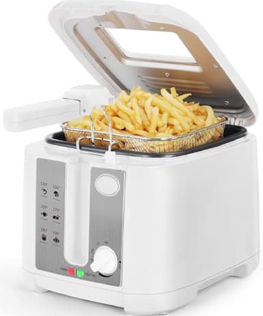 Aigostar Indra 30HEX - Friteuse 100% sans BPA avec grande fenêtre de vue, thermostat réglable et indicateurs lumineux. Couleur blanche, 1650W, capacité de 2,5L