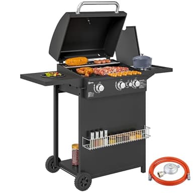 Outsunny Barbecue gaz 3+1 brûleurs en acier, puissance 9,5 kW, barbecue de jardin 2 grilles en chromé, étagères latérales, 2 roues, thermomètre, couvercle, pour camping et terrasse, noir