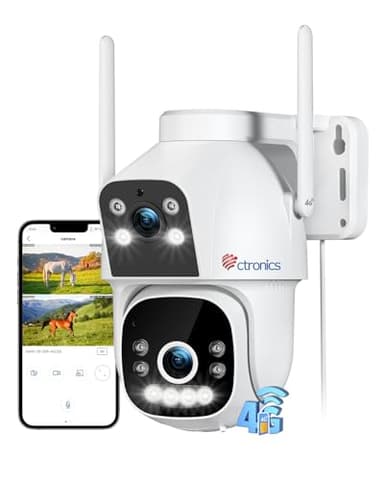 Ctronics 4G LTE Caméra de Surveillance Exterieur【Lien à Double Objectif】 IP Camera Carte Sim avec Détection Humain, Suivi Auto, Vision Nocturne Couleur, Audio Bidirectionnel, PTZ/Alarm/PC/24 * 7/IP66