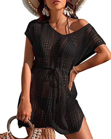 Rayson Robe de Plage Femme Crochet Maillots de Bain Cover Up Cache Beachwear Tunique Col en V Bikini Couvrir Beach Vacation(Noir)
