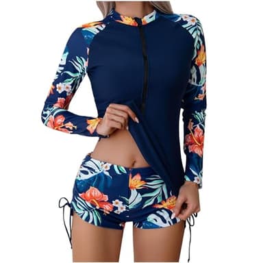 Maillots de Bain 2 Pièces Femme Rashguard Set Manches Longues Tankini Protection Solaire Anti-UV T-Shirt Top de Sport pour Vacances Surf Plage Natation Maillot de Bain Shorty Séchage Rapide