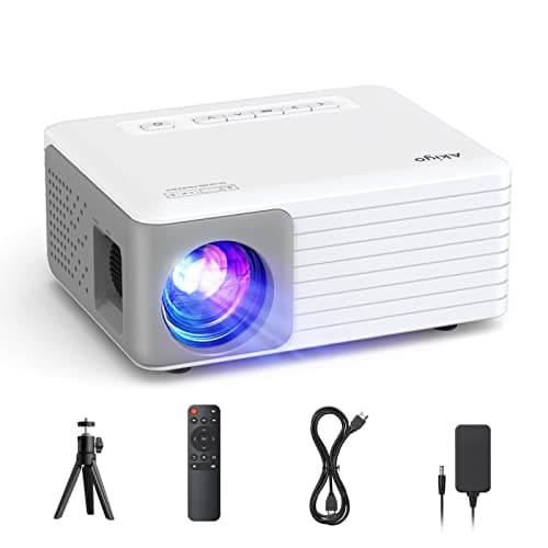 Mini Projecteur avec Trepied, Videoprojecteur 1080P Full HD Supportée 4K, 15000 Lumens, AKIYO O1 Retroprojecteur 200 Pouces Home Cinema, Zoom 50%, Projecteur Video Compatible avec iOS Android HDMI