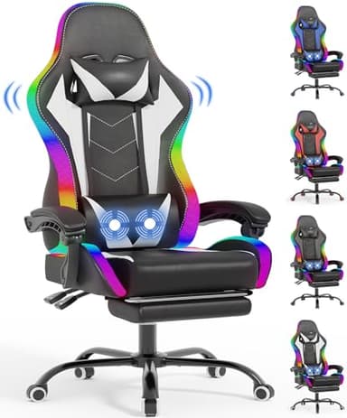 Devoko Chaise de Gaming LED avec Massage, Repose-Pieds et Coussin Lombaire - Ergonomique - avec Appui-tête réglable - Charge maximale : 180 kg (Blanc)