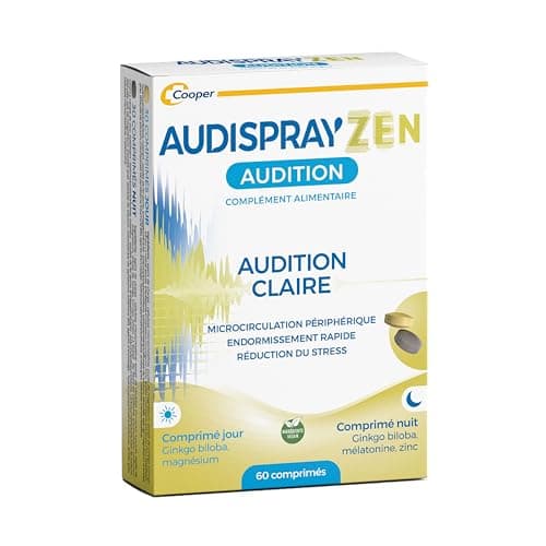AUDISPRAY ZEN – Audition clair - Acouphènes - Bourdonnements et de sifflements d'oreille - Endormissement rapide, réduction du stress - Complément alimentaire - Ginkgo biloba - 60 comprimés