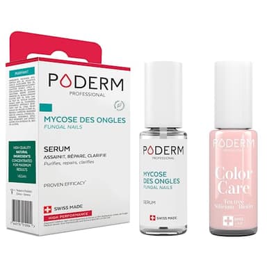 PODERM - LOT 2 PRODUITS | MYCOSE ONGLE TRAITEMENT | Soin professionnel pied/main | Facile & rapide | Swiss Made + Vernis Rose TEA TREE - Traitement des Ongles Abîmés par MYCOSE