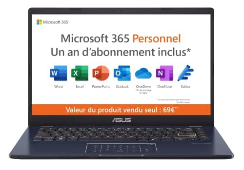 Asus Vivobook 12 E210MA-GJ999WS Ordinateur Portable Noir 12" HD (Intel Celeron, 4G RAM, 64G EMMC, Numpad, Windows 11S) Clavier AZERTY + Souris, Pochette et Microsoft 365 Personnel Inclus