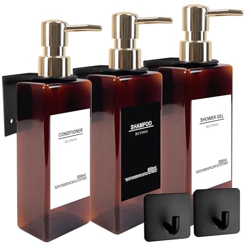 HCYWOC 3 Pièces Distributeur Savon Mural sans Percage, Distributeur de Savon Mural avec 32 Étiquettes Imperméables, 500ml Distributeur Gel Douche Mural, Distributeur Savon Salle de Bain, Ambre Or